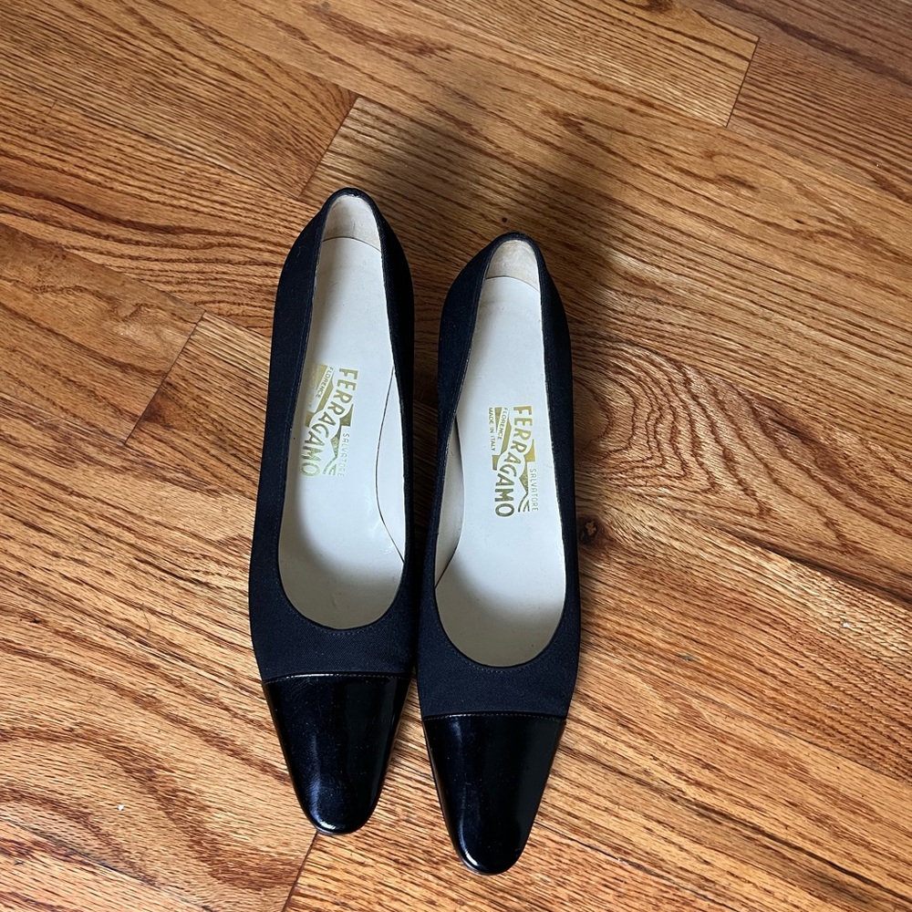 Salvatore Ferragamo Black Leather Cap Toe Heels